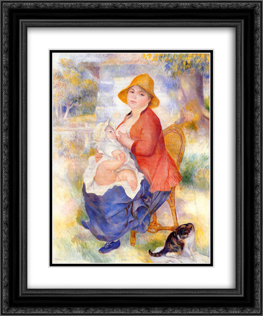 Motherhood (Woman Breast Feeding Her Child) 20x24 Black Ornate Wood Framed Art Print Poster with Double Matting by Renoir, Pierre Auguste