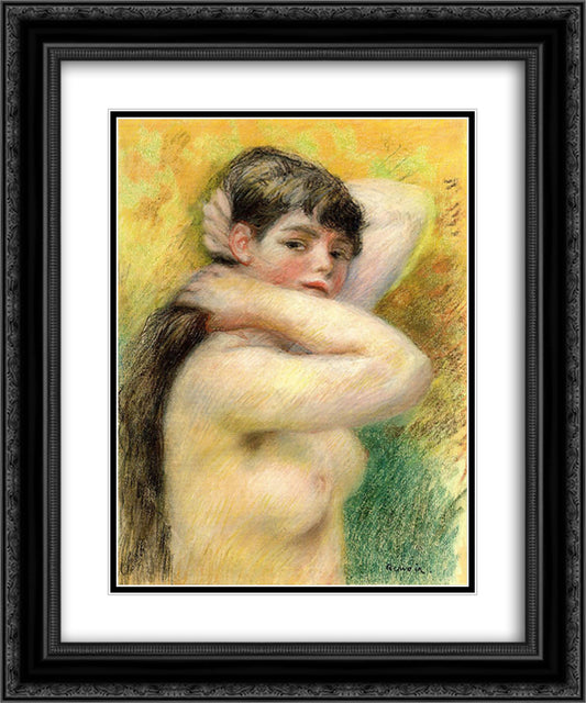 Nude Arranging Her Hair 20x24 Black Ornate Wood Framed Art Print Poster with Double Matting by Renoir, Pierre Auguste