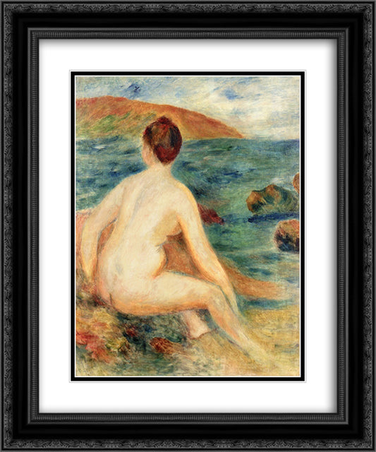 Nude Bather Seated by the Sea 20x24 Black Ornate Wood Framed Art Print Poster with Double Matting by Renoir, Pierre Auguste