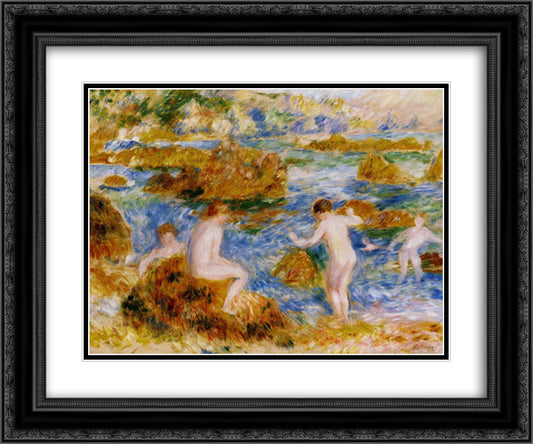 Nude Boys on the Rocks at Guernsey 24x20 Black Ornate Wood Framed Art Print Poster with Double Matting by Renoir, Pierre Auguste
