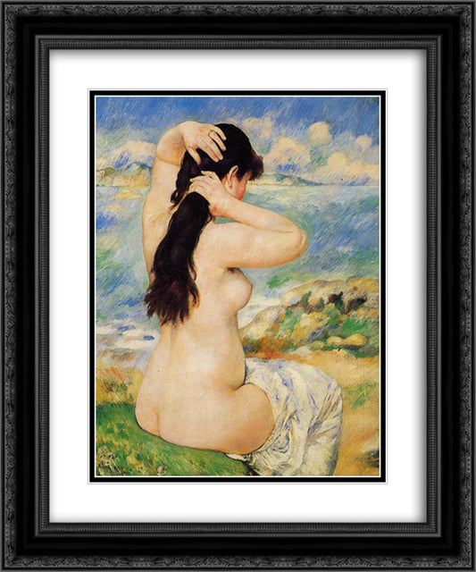 Nude Fixing Her Hair 20x24 Black Ornate Wood Framed Art Print Poster with Double Matting by Renoir, Pierre Auguste