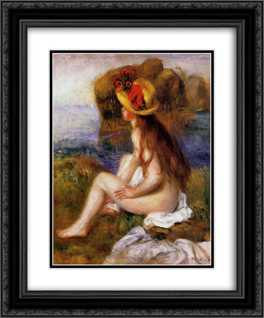 Nude in a Straw Hat 20x24 Black Ornate Wood Framed Art Print Poster with Double Matting by Renoir, Pierre Auguste
