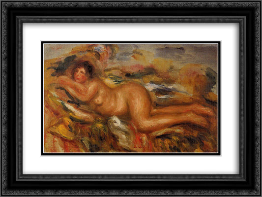 Nude on the Grass 24x18 Black Ornate Wood Framed Art Print Poster with Double Matting by Renoir, Pierre Auguste