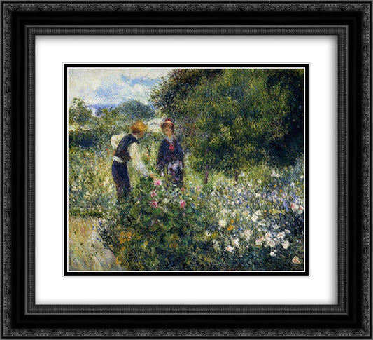 Picking Flowers 22x20 Black Ornate Wood Framed Art Print Poster with Double Matting by Renoir, Pierre Auguste