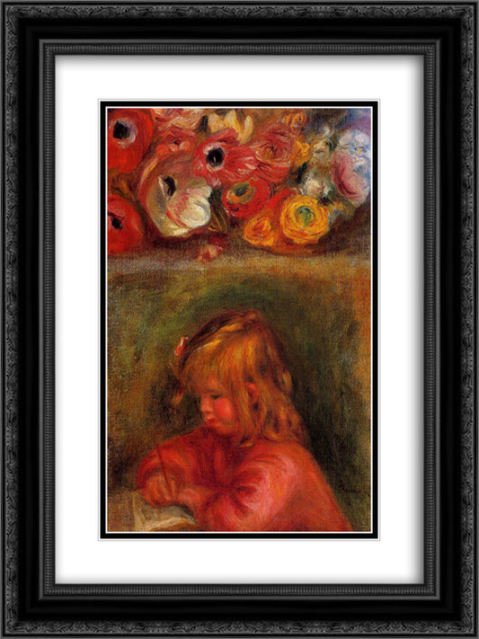 Portrait of Coco and Flowers 18x24 Black Ornate Wood Framed Art Print Poster with Double Matting by Renoir, Pierre Auguste