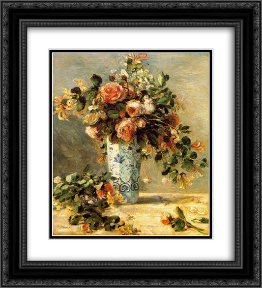 Roses and Jasmine in a Delft Vase 20x22 Black Ornate Wood Framed Art Print Poster with Double Matting by Renoir, Pierre Auguste