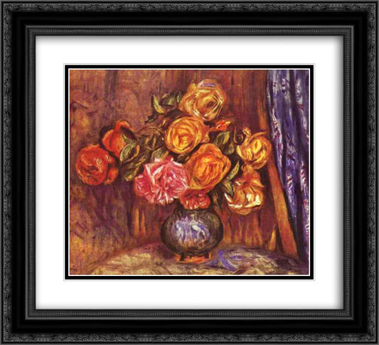 Roses Before the Blue Curtain 22x20 Black Ornate Wood Framed Art Print Poster with Double Matting by Renoir, Pierre Auguste