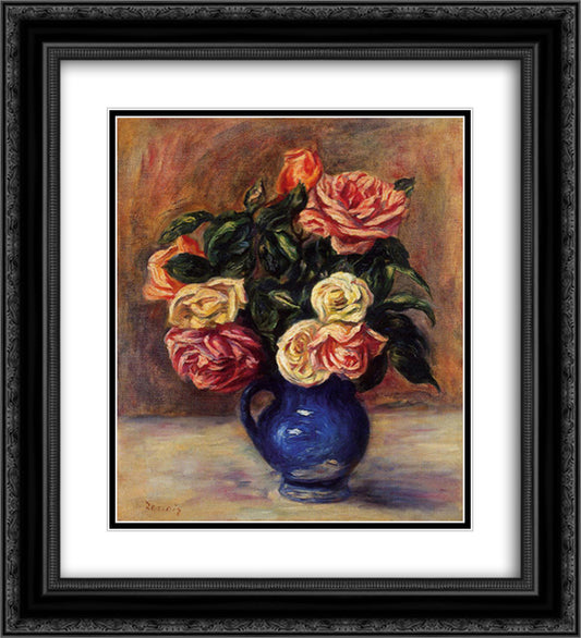 Roses in a Blue Vase 20x22 Black Ornate Wood Framed Art Print Poster with Double Matting by Renoir, Pierre Auguste