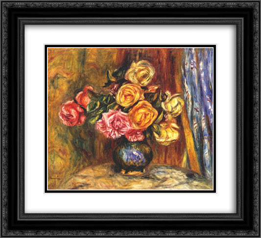 Roses in front of a blue curtain 22x20 Black Ornate Wood Framed Art Print Poster with Double Matting by Renoir, Pierre Auguste