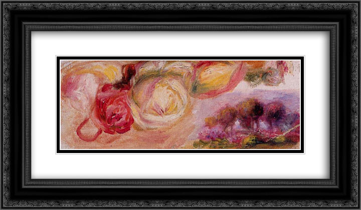 Roses with a Landscape 24x14 Black Ornate Wood Framed Art Print Poster with Double Matting by Renoir, Pierre Auguste