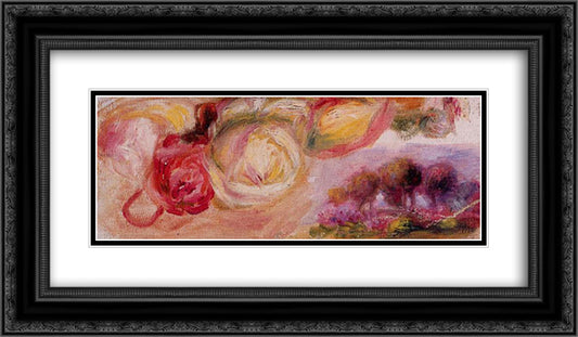 Roses with a Landscape 24x14 Black Ornate Wood Framed Art Print Poster with Double Matting by Renoir, Pierre Auguste