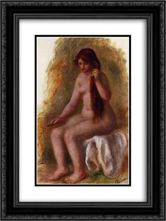 Seated Nude Combing Her Hair 18x24 Black Ornate Wood Framed Art Print Poster with Double Matting by Renoir, Pierre Auguste