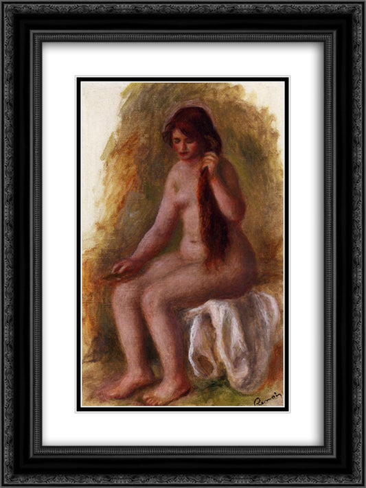 Seated Nude Combing Her Hair 18x24 Black Ornate Wood Framed Art Print Poster with Double Matting by Renoir, Pierre Auguste