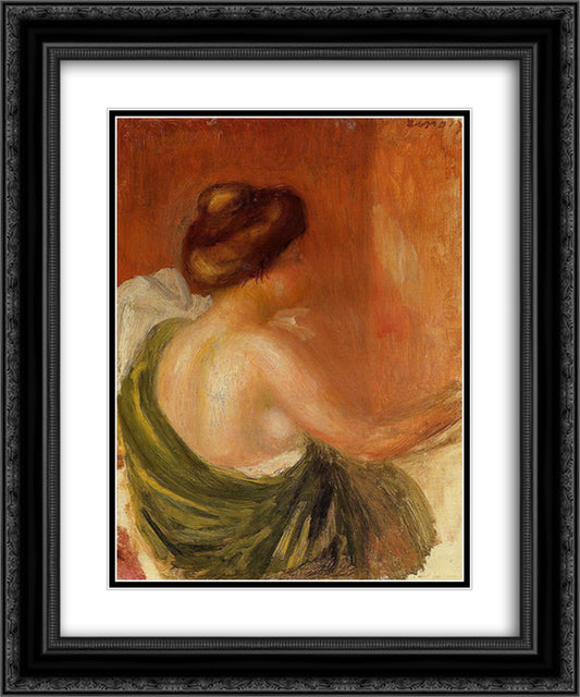 Seated Woman in a Green Robe 20x24 Black Ornate Wood Framed Art Print Poster with Double Matting by Renoir, Pierre Auguste