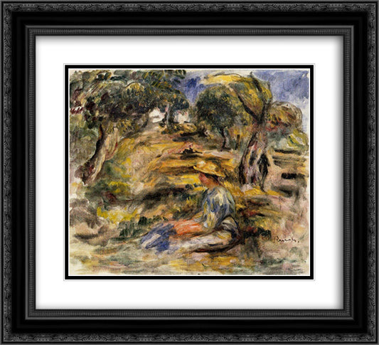 Seated Woman in Blue 22x20 Black Ornate Wood Framed Art Print Poster with Double Matting by Renoir, Pierre Auguste
