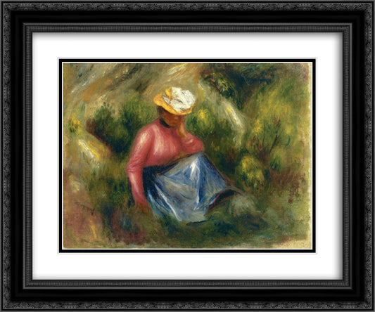 Seated Young Girl with Hat 24x20 Black Ornate Wood Framed Art Print Poster with Double Matting by Renoir, Pierre Auguste