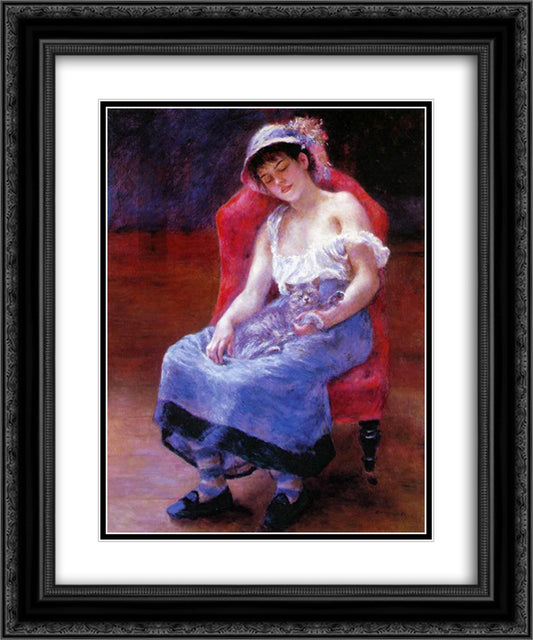 Sleeping Girl (Girl with a Cat) 20x24 Black Ornate Wood Framed Art Print Poster with Double Matting by Renoir, Pierre Auguste