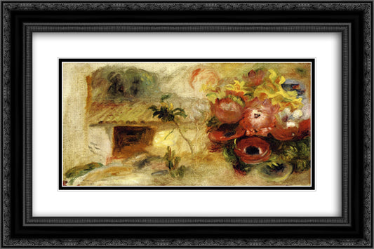 Small House, Buttercups and Diverse Flowers (study) 24x16 Black Ornate Wood Framed Art Print Poster with Double Matting by Renoir, Pierre Auguste