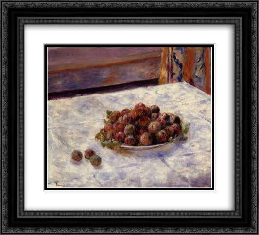 Still Life, a Plate of Plums 22x20 Black Ornate Wood Framed Art Print Poster with Double Matting by Renoir, Pierre Auguste