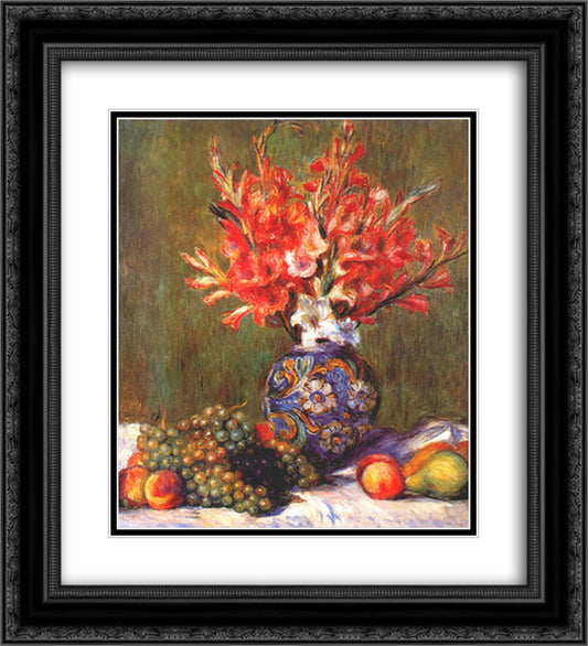 Still Life Flowers and Fruit 20x22 Black Ornate Wood Framed Art Print Poster with Double Matting by Renoir, Pierre Auguste