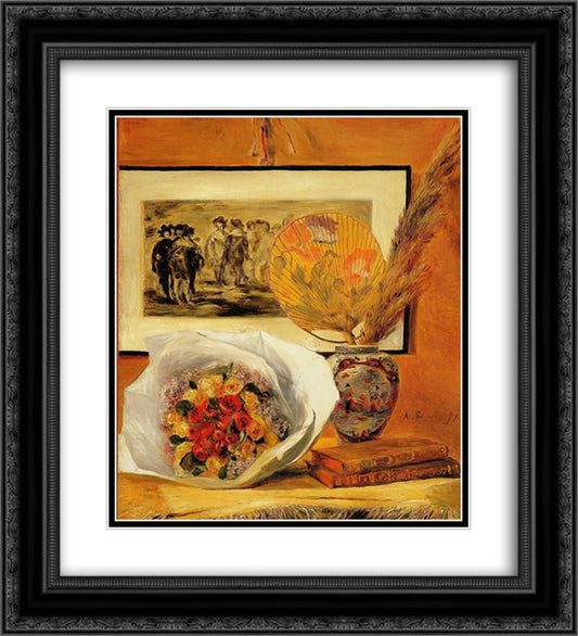 Still Life with Bouquet 20x22 Black Ornate Wood Framed Art Print Poster with Double Matting by Renoir, Pierre Auguste