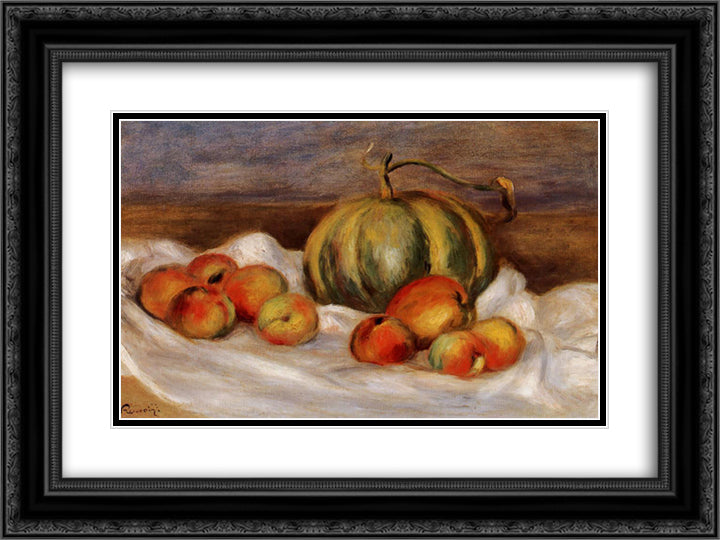 Still Life with Cantalope and Peaches 24x18 Black Ornate Wood Framed Art Print Poster with Double Matting by Renoir, Pierre Auguste