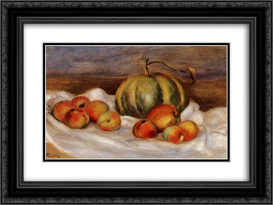 Still Life with Cantalope and Peaches 24x18 Black Ornate Wood Framed Art Print Poster with Double Matting by Renoir, Pierre Auguste