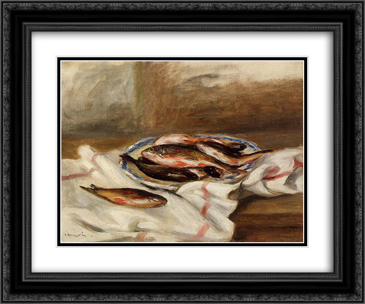 Still Life with Fish 24x20 Black Ornate Wood Framed Art Print Poster with Double Matting by Renoir, Pierre Auguste