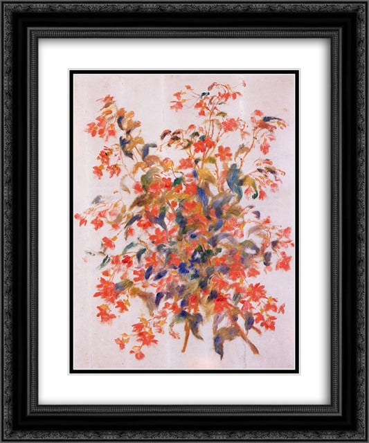 Still Life with Fuscias 20x24 Black Ornate Wood Framed Art Print Poster with Double Matting by Renoir, Pierre Auguste