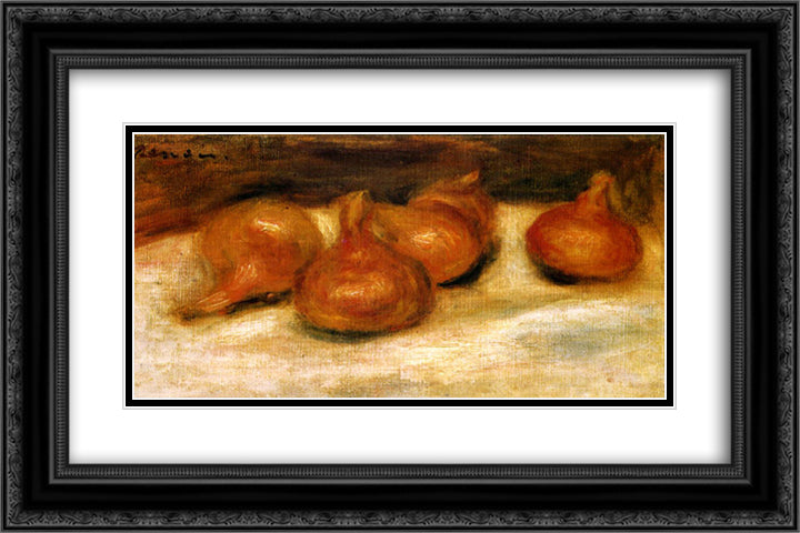Still Life with Onions 24x16 Black Ornate Wood Framed Art Print Poster with Double Matting by Renoir, Pierre Auguste