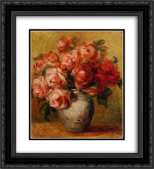 Still Life with Roses 20x22 Black Ornate Wood Framed Art Print Poster with Double Matting by Renoir, Pierre Auguste
