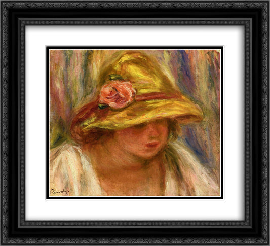 Study of a Woman in a Yellow Hat 22x20 Black Ornate Wood Framed Art Print Poster with Double Matting by Renoir, Pierre Auguste