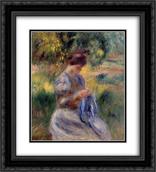 The Embroiderer (Woman Embroidering in a Garden) 20x22 Black Ornate Wood Framed Art Print Poster with Double Matting by Renoir, Pierre Auguste