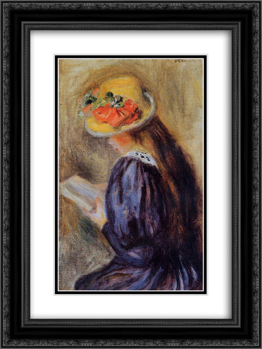 The Little Reader (Little Girl in Blue) 18x24 Black Ornate Wood Framed Art Print Poster with Double Matting by Renoir, Pierre Auguste