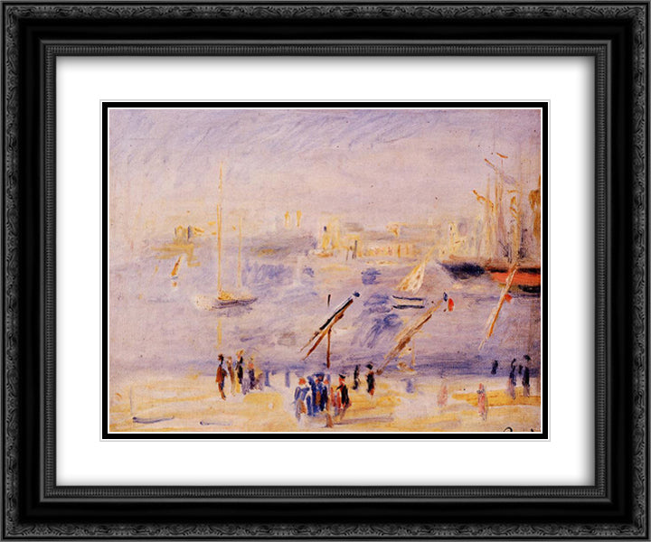 The Old Port of Marseille, People and Boats 24x20 Black Ornate Wood Framed Art Print Poster with Double Matting by Renoir, Pierre Auguste