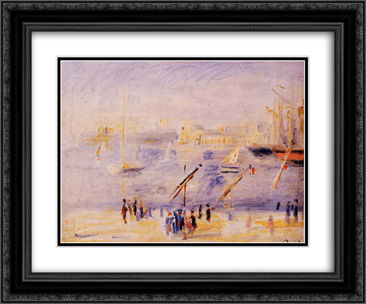 The Old Port of Marseille, People and Boats 24x20 Black Ornate Wood Framed Art Print Poster with Double Matting by Renoir, Pierre Auguste