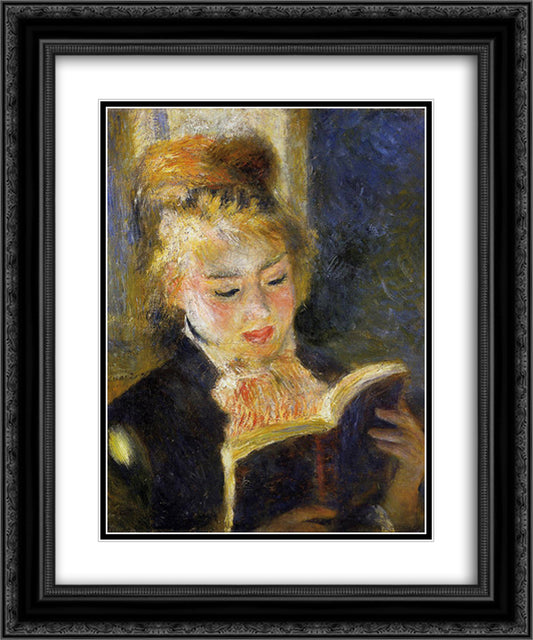 The Reader (Young Woman Reading a Book) 20x24 Black Ornate Wood Framed Art Print Poster with Double Matting by Renoir, Pierre Auguste