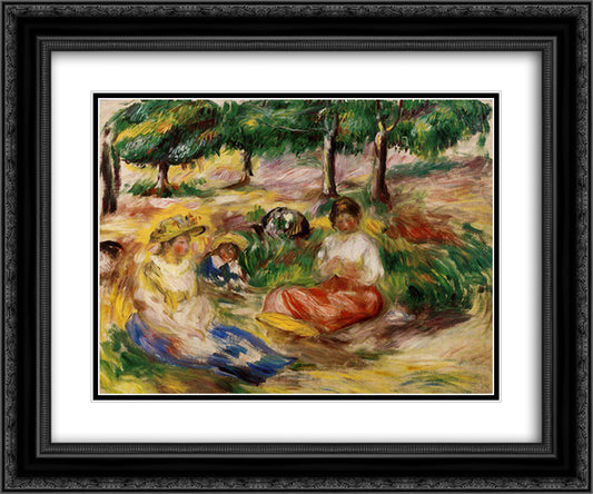Three Young Girls Sitting in the Grass 24x20 Black Ornate Wood Framed Art Print Poster with Double Matting by Renoir, Pierre Auguste