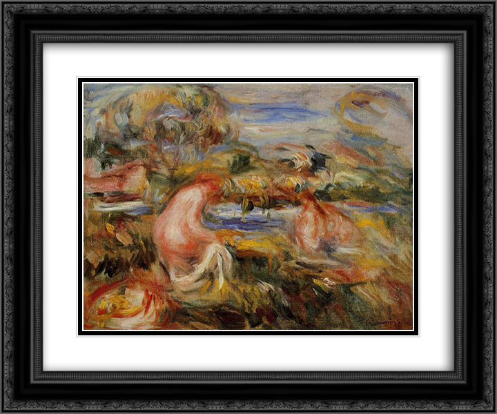Two Bathers in a Landscape 24x20 Black Ornate Wood Framed Art Print Poster with Double Matting by Renoir, Pierre Auguste