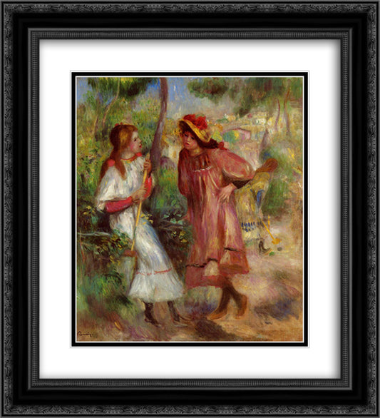 Two Girls in the Garden at Montmartre 20x22 Black Ornate Wood Framed Art Print Poster with Double Matting by Renoir, Pierre Auguste