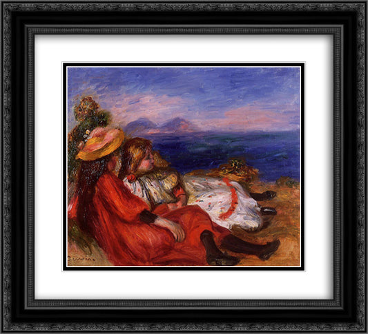 Two Little Girls on the Beach 22x20 Black Ornate Wood Framed Art Print Poster with Double Matting by Renoir, Pierre Auguste