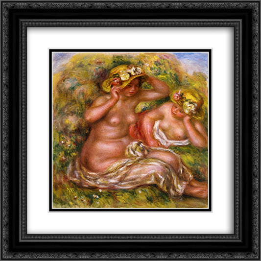 Two Women with Flowered Hat 20x20 Black Ornate Wood Framed Art Print Poster with Double Matting by Renoir, Pierre Auguste
