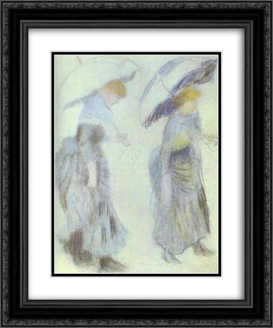 Two Women with Umbrellas 20x24 Black Ornate Wood Framed Art Print Poster with Double Matting by Renoir, Pierre Auguste