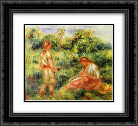 Two Young Women in a Landscape 22x20 Black Ornate Wood Framed Art Print Poster with Double Matting by Renoir, Pierre Auguste