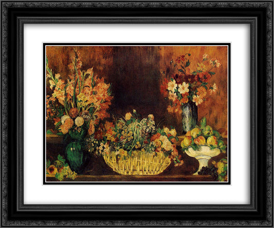 Vase, Basket of Flowers and Fruit 24x20 Black Ornate Wood Framed Art Print Poster with Double Matting by Renoir, Pierre Auguste
