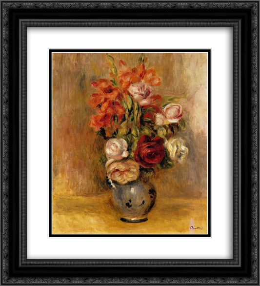Vase of Gladiolas and Roses 20x22 Black Ornate Wood Framed Art Print Poster with Double Matting by Renoir, Pierre Auguste