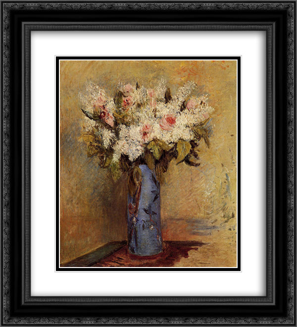 Vase of Lilacs and Roses 20x22 Black Ornate Wood Framed Art Print Poster with Double Matting by Renoir, Pierre Auguste