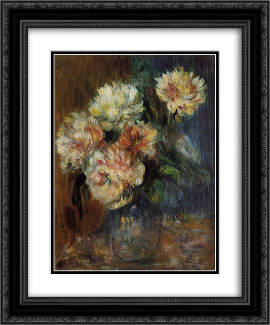 Vase of Peonies 20x24 Black Ornate Wood Framed Art Print Poster with Double Matting by Renoir, Pierre Auguste