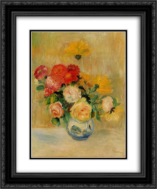 Vase of Roses and Dahlias 20x24 Black Ornate Wood Framed Art Print Poster with Double Matting by Renoir, Pierre Auguste
