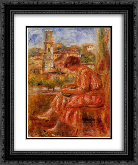 Woman at the Window with a View of Nice 20x24 Black Ornate Wood Framed Art Print Poster with Double Matting by Renoir, Pierre Auguste
